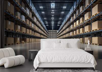 a modern warehouse interior with rows of cardboard boxes  Wall mural