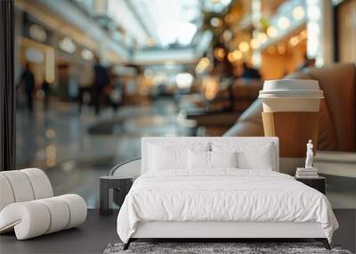 A of a shopping mall's central atrium with a decorative fountain and seating areas Wall mural