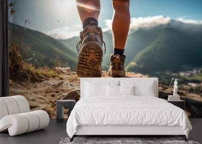 a of hiker , hiking up a mountain trail with one foot lifted off Wall mural