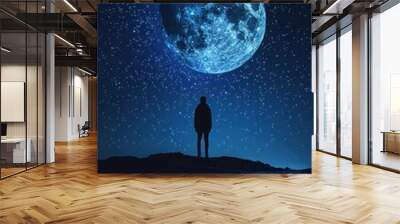 A person stands in a field of tall grass at night, looking up at the sky. The sky is filled with stars and a large moon. The scene is peaceful and serene, with the person feeling small Wall mural