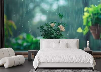 A potted plant sits on a windowsill, with raindrops falling on it. The plant is surrounded by greenery, and the rain outside creates a peaceful and calming atmosphere Wall mural