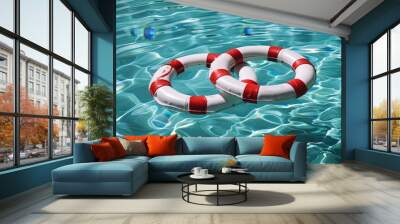 A red and white life preserver floating on the surface of a clear blue pool of water  Wall mural