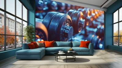 A row of dumbbells are lined up on a rack. The dumbbells are black and shiny Wall mural