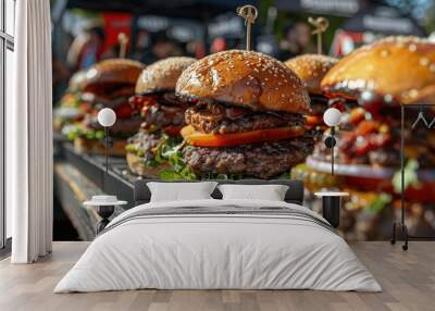 A row of hamburgers with lettuce and tomato on top. The hamburgers are all bunched together and have toothpicks in them Wall mural