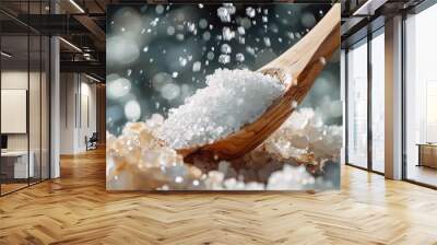 A spoonful of salt is being poured into a pile of salt. The salt is white and the spoon is wooden Wall mural