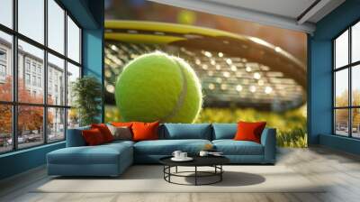 a tennis ball and racket on a grass tennis court Wall mural