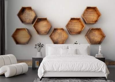 A wooden shelf with a variety of potted plants and vases on it. The shelf is arranged in a hexagonal shape, and the plants are placed in different levels and angles Wall mural