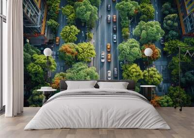 An aerial view of a smart city with eco-friendly transportation options such as electric cars and bike lanes Wall mural