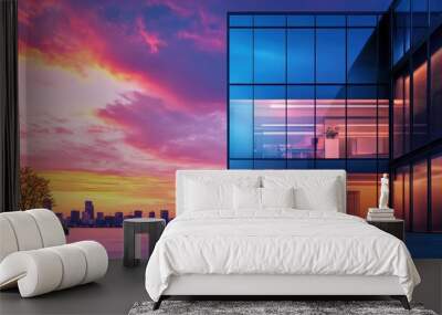 Breathtaking Sunset Reflection in Modern Skyscraper Glass Facade Wall mural