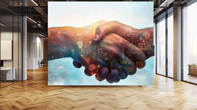 Business, Finance and Investment Concepts: Double exposure of a business handshake and cityscape Wall mural