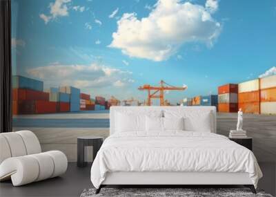 Container yard with a clear blue sky and ample ground space Wall mural