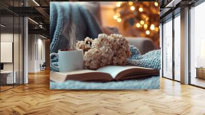 Cozy night in gift box, blanket, book, hot chocolate, with dried hydrangeas Wall mural