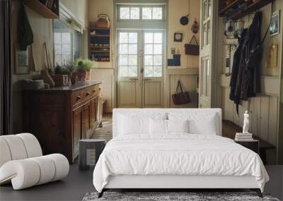 Cozy vintage mudroom interior bathed in natural light. Wall mural