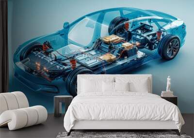 Electric car technical cutaway with all main details of EV system Wall mural