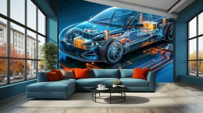 Electric car technical cutaway with all main details of EV system Wall mural