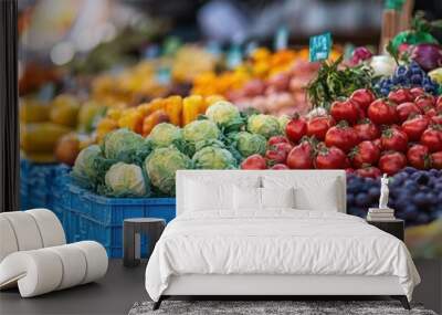 Farmers market bustling with fresh produce flowers Wall mural