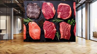 Food collage of various beef steak raw fresh meat Wall mural