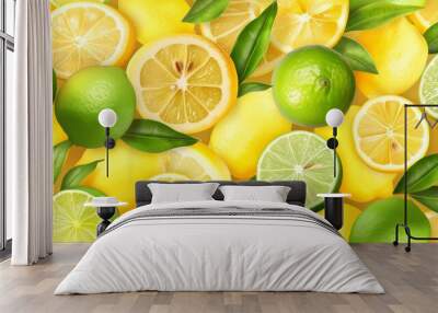 fresh yellow fruits of lemon, lime, with green leaves. seamless citrus texture Wall mural