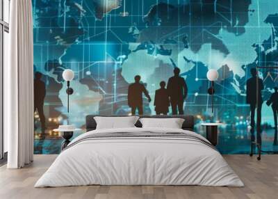 Global connectivity with silhouettes of people and digital world map on a city backdrop Wall mural