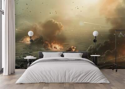 Intense modern battlefield scene with rocket launch Wall mural