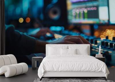 Male editors hand reaching to adjust the sound of an audio mixer while sitting Wall mural