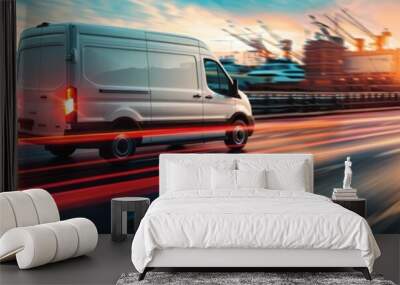 Modern delivery shipment cargo courier van moving fast on motorway road, fast package delivery	 Wall mural