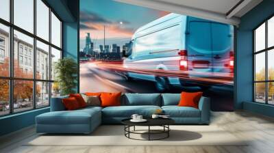 Modern delivery shipment cargo courier van moving fast on motorway road, fast package delivery	 Wall mural