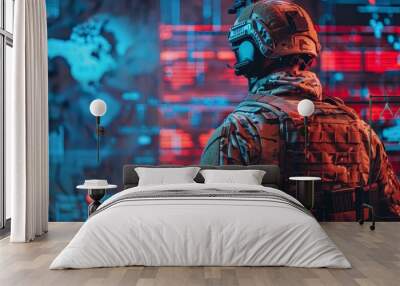 Modern War : Soldier with tactical military HUD and battlefield scenarios Wall mural