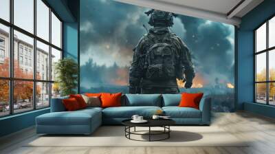 Modern War : Soldier with tactical military HUD and battlefield scenarios Wall mural