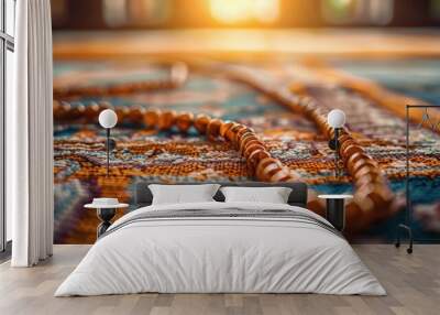 Muslim prayer beads on prayer mat, Islamic Islam faith hajj ramadan Eid Fitr Adha Wall mural