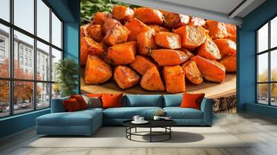 Roasted Sweet Potato Chunks on a Rustic Wooden Cutting Board Wall mural