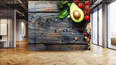 Selection of healthy food on rustic wooden background Wall mural