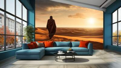 Silhouette view of muslim man or arab man walking on desert sand Wall mural