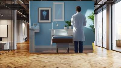 Thoughtful Doctor Examining Medical Scans in Modern Clinic Wall mural