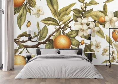 Vibrant Orange Citrus Fruits and White Blossoms on Lush Foliage Wall mural