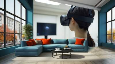 Woman Experiencing Virtual Reality in a Bright Room Wall mural