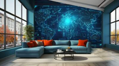 World map of terrain with radar interface. Wall mural