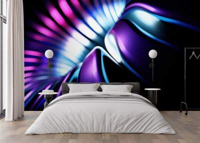 Purple and gray oscillating lines creating a tunnel. Design. A hole in the animation from which light ribbons depart in 3d format. Wall mural