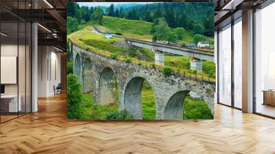 Carpathian railway retro and modern bridges Wall mural