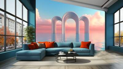 3d render, Surreal desert landscape with arches and white clouds in the blue sky. Modern minimal abstract background Wall mural