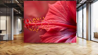 A close-up of a red hibiscus, with its prominent stamen and bright petals.  Wall mural