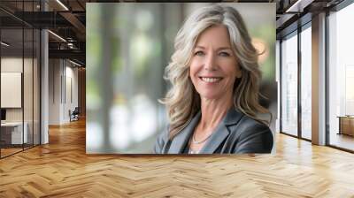 A professional headshot of a senior executive woman, smiling confidently, with a sophisticated office backdrop. Wall mural