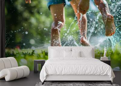 A vibrant close-up photo of children’s feet running through a sprinkler on a grassy lawn, capturing the fun and joy of a hot summer day  Wall mural