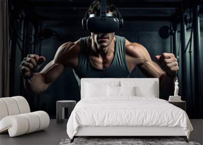 An energetic individual immerses in a high-intensity workout using a virtual reality headset, displaying a candid moment of determination and focus Wall mural