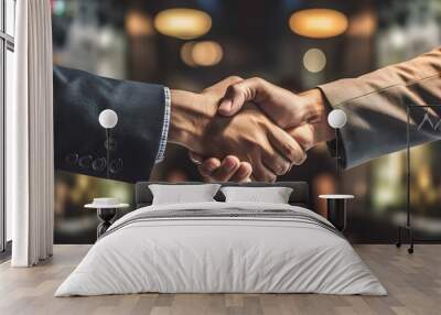 Businessman handshake for teamwork of business merger and acquisition,successful negotiate,hand shake,two businessman shake hand with partner to celebration partnership and business deal  Wall mural