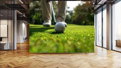 Close-up of a golfer’s hands on the club, with focus on the grip and the golf ball on the tee Wall mural