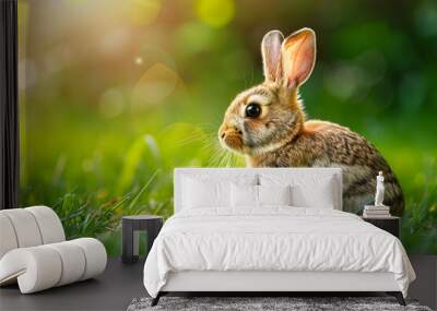 cute brown rabbit sitting on a green field with natural sunlight Wall mural