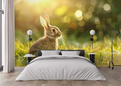 cute brown rabbit sitting on a green field with natural sunlight Wall mural