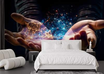 DX, digital transformation background. Digital sparks or framework appearing above a human hand  Wall mural