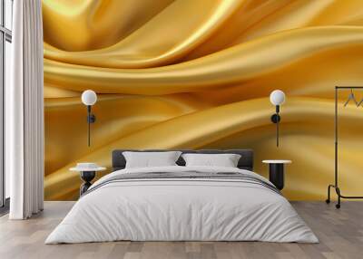 Gold shiny luxury draping satin fabric wave background, abstract dynamic smooth wavy elegant golden yellow silk cloth texture Wall mural